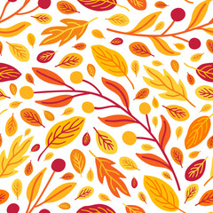 Seamless pattern from autumnal yellow, red, orange leaves, branches and berries. Use for fabric prints, wrapping paper, package. Vector EPS 10 seasonal background of plant parts.