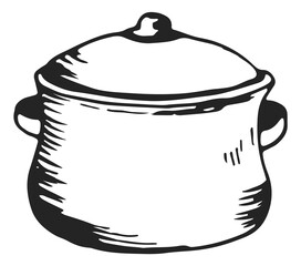 Cooking pot sketch. Kitchen metal crockery in hand drawn style