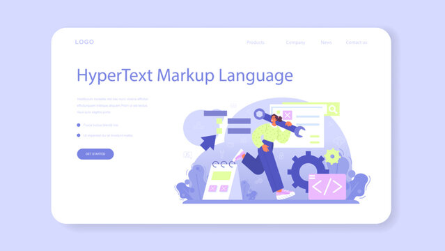 Website development web banner or landing page. HTML coding process