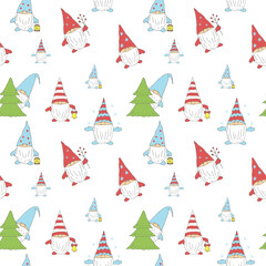 Christmas gnomes seamless pattern vector illustration, hand drawn