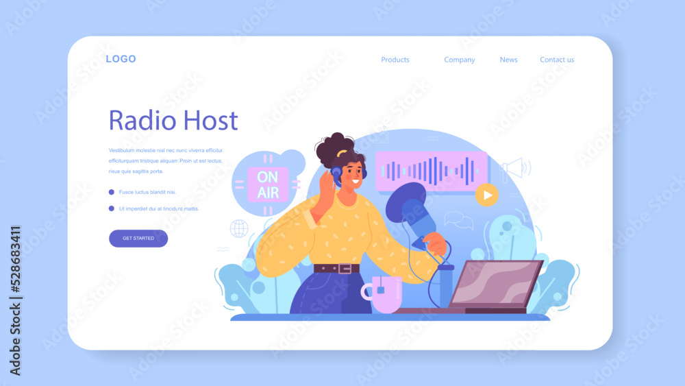 Poster radio host web banner or landing page. idea of music broadcasting