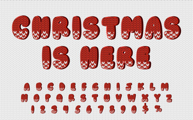 Christmas is here lettering with full English alphabet and symbols. Letters with knit texture and modern typeset. Abc for creative winter posters and banners