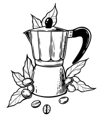 Coffee pot with coffee beans around, vector monochrome illustration