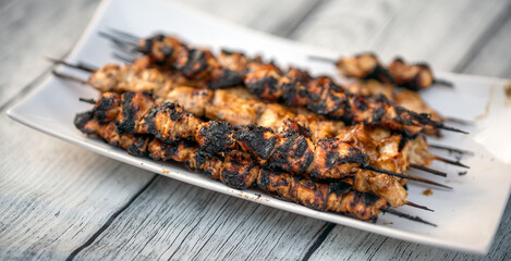 Chicken skewers barbeque. Food and health concept.