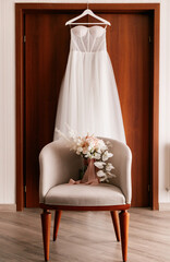 An elegant wedding dress hangs by a door. Nearby are bride's bouquet