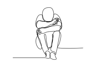 continuous line drawing of sad man hugs his knee on white background