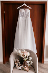 An elegant wedding dress hangs by a door. Nearby are women's shoes and bouquet