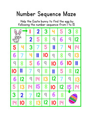 A flat illustration of an educational number maze for small kids to learn the number sequence 1 to 15 while playing a game, with an Easter Bunny theme.