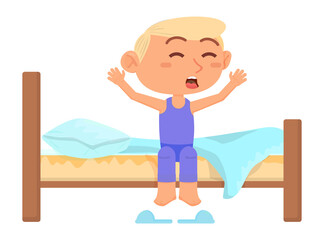 Kid wake up in morning. New day beginning. Awakening cooncept
