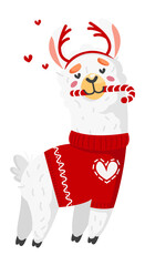 Cute llama with christmas candy cane. Cartoon alpaca in hearts © LadadikArt