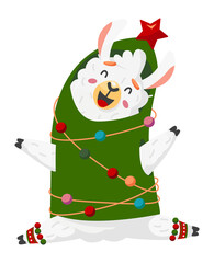 Alpaca in christmas tree costume. Cartoon funny llama © LadadikArt