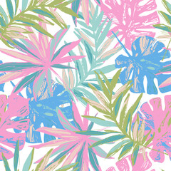 Hand drawn tropical leaves background. Colorful tropics jungle leaves seamless pattern - 528685412