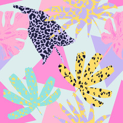 Abstract tropical leaves, grunge, leopard textures, geometric shapes background.