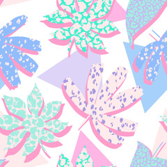Fototapeta premium Abstract tropical leaves, grunge, leopard textures, geometric shapes background.