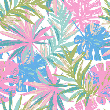 Hand drawn tropical leaves background. Colorful tropics jungle leaves seamless pattern