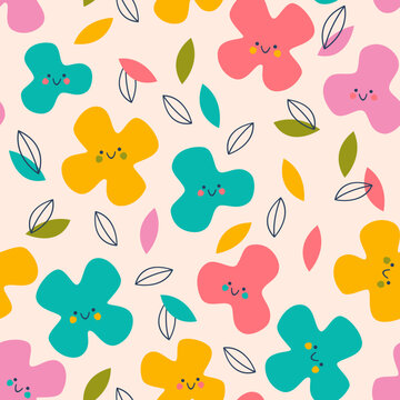 Cute smiley flowers abstract seamless pattern. Childish floral background