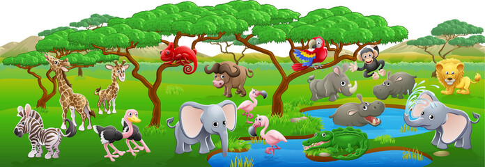 A cartoon Safari animal scene landscape with lots of cute friendly animal characters © Christos Georghiou