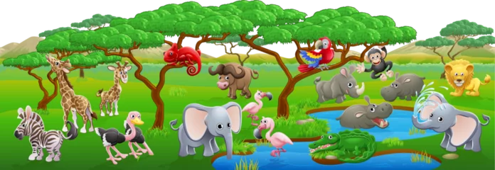  A cartoon Safari animal scene landscape with lots of cute friendly animal characters © Christos Georghiou