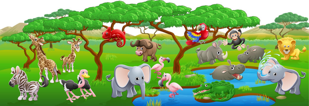 A cartoon Safari animal scene landscape with lots of cute friendly animal characters