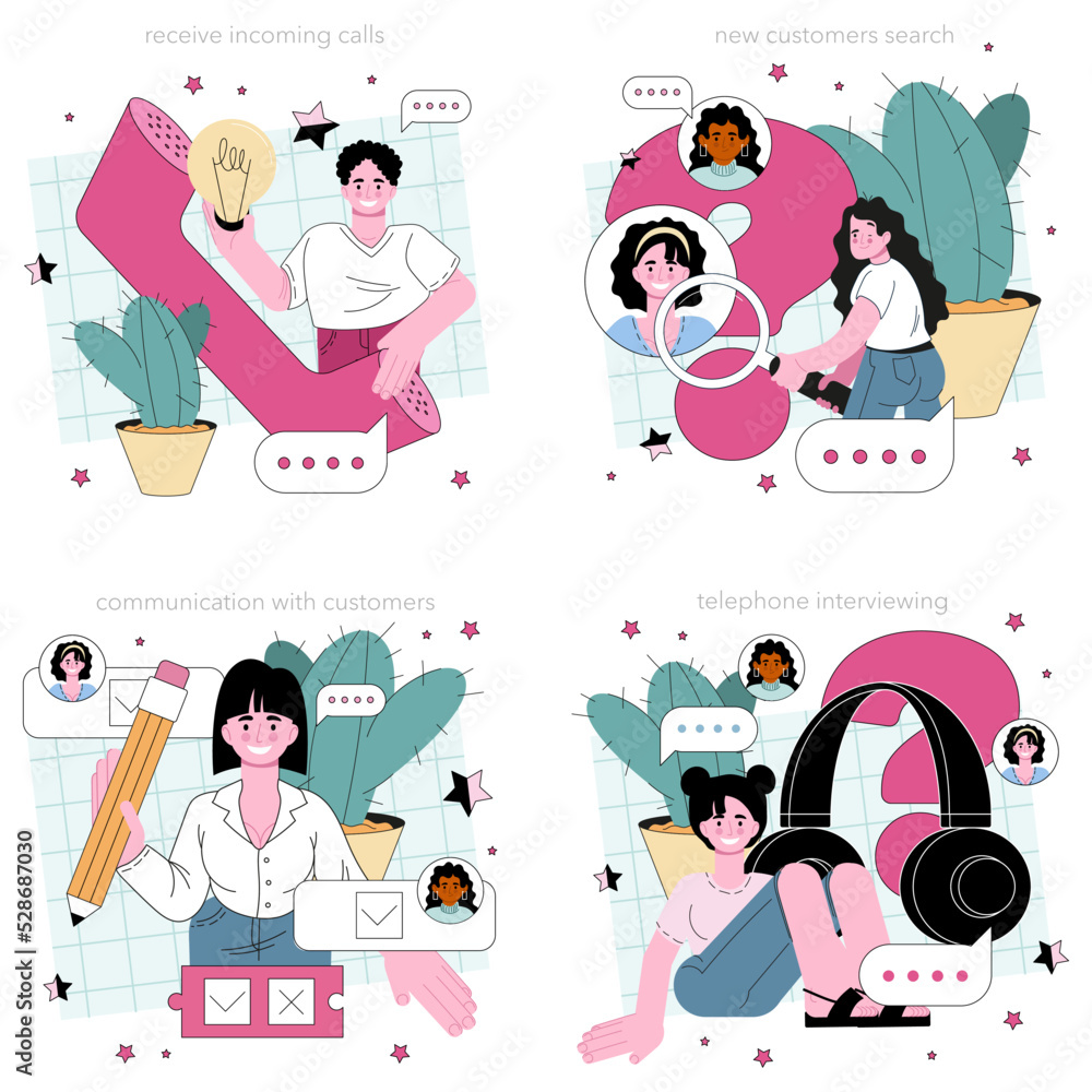 Poster call center operator set. technical support or customer service.