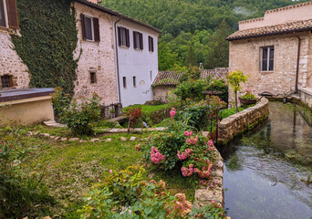 View of idyllic village called Rasiglia with waterfall and streams in Umbria Italy