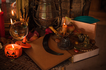 Halloween composition pumpkin orange candles, mystical design for home, interesting ideas for party, details of décor