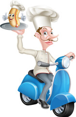 Chef on Scooter Moped Delivering Hotdog Mascot