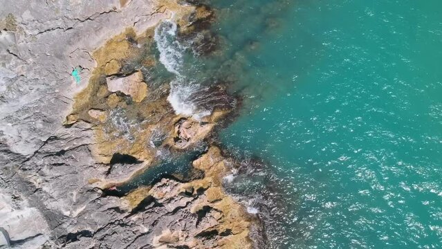 Aerial drone view of a stretch of Gargano coastline near Vieste, Foggia. Italy