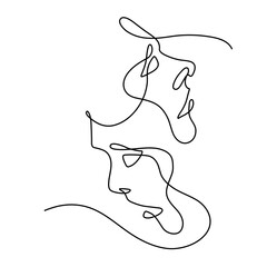 Continuous line drawing Two women facing A woman's face is drawn in black continuous lines in fashionable minimalist style.
