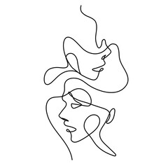Continuous line drawing Two women facing A woman's face is drawn in black continuous lines in fashionable minimalist style.