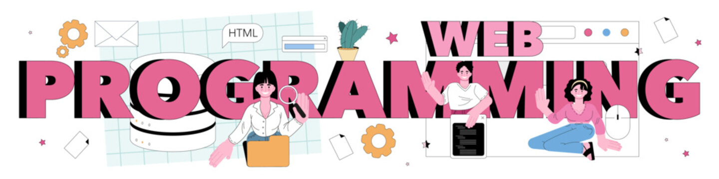 Web programming typographic header. Coding, testing and writing programs
