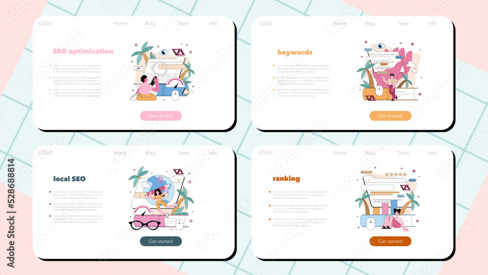 Aufkleber seo optimization web banner or landing page set. idea of search engine