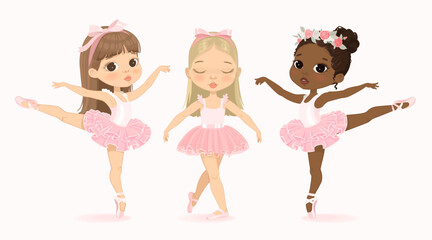 Cute Ballerina Girl Dancing. Three Multicultural Ballerinas Set. African American Child wear Pink Tutu Dress and Dancing Pointe Training. Caucasian Ballet Baby Girl Cartoon Illustration.