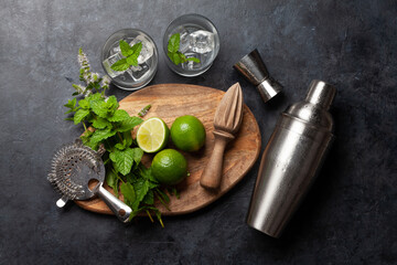 Mojito cocktail ingredients and drinks utensils