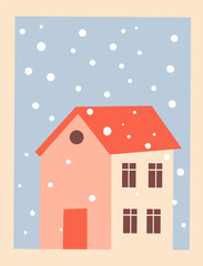 Naklejka premium Cartoon postcard. Greeting card for Christmas Thanksgiving, snow winter house