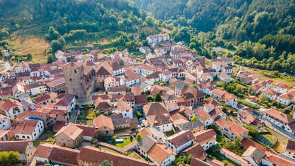 Aerial view of the town of Isaba in the Roncal Valley in Navarra, Spain.