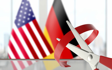 Flags are Paired at Background While Scissors is Cutting Ribbon