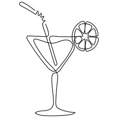 Fototapeta na wymiar Continuous line drawing. Wineglass with cocktail and lemon. Isolated on white background. Hand drawn vector illustration.