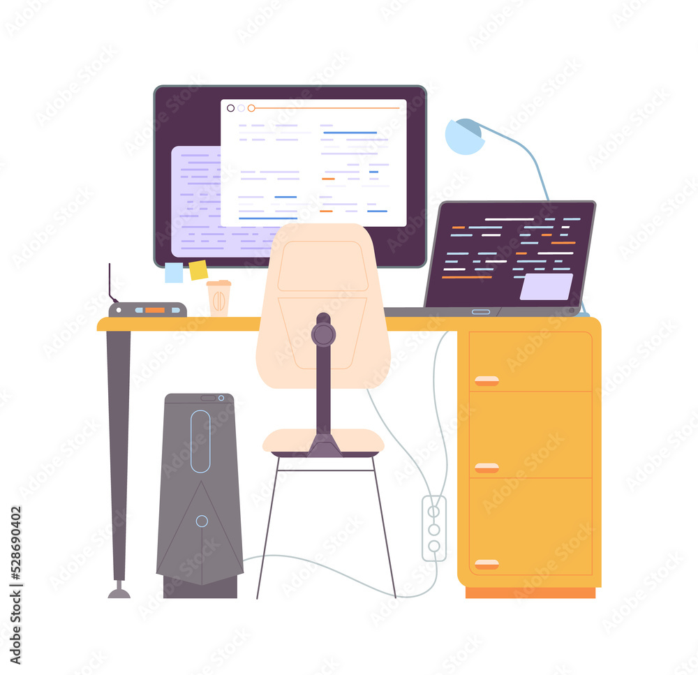 Poster developer workplace. computer for programming, worked laptop for writing code, vector illustration