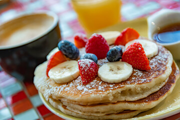 Belgian pancakes served with fruits and maple syrup