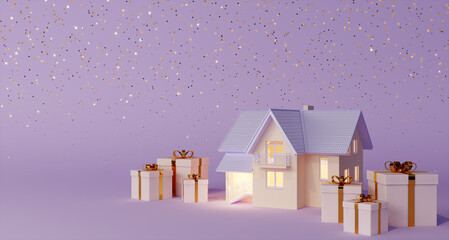 Naklejka premium Gift boxes and house with stars on lilac background.