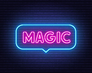 Magic neon sign in the speech bubble on brick wall background