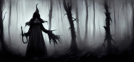 Abstract witch stands in dark foggy forest. Digital painting for book illustration,background wallpaper, concept art.