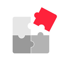 Simple grey puzzle pieces with red one solution icon isolated on white background. Vector illustration EPS10