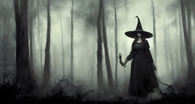 Abstract witch in a scary dark forest, halloween concept. Digital art painting for book illustration,background wallpaper, concept art.