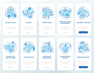 Choosing credit union and bank blue onboarding mobile app screen set. Walkthrough 5 steps editable graphic instructions with linear concepts. UI, UX, GUI template. Myriad Pro-Bold, Regular fonts used