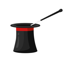 Magicians hat with magic wand. Wizard conjure black cylinder, vector illustration