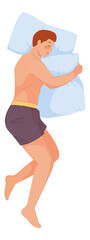Man hugging pillow. Sleeper pose side, vector illustration