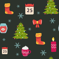 Vector seamless flat pattern with icons of Happy New Year and Christmas Day sock, calendar, candle, tree, bow, jam, snowflakes, cup