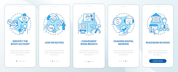 Fototapeta na wymiar Choose bank blue onboarding mobile app screen. Customer benefits walkthrough 5 steps editable graphic instructions with linear concepts. UI, UX, GUI template. Myriad Pro-Bold, Regular fonts used